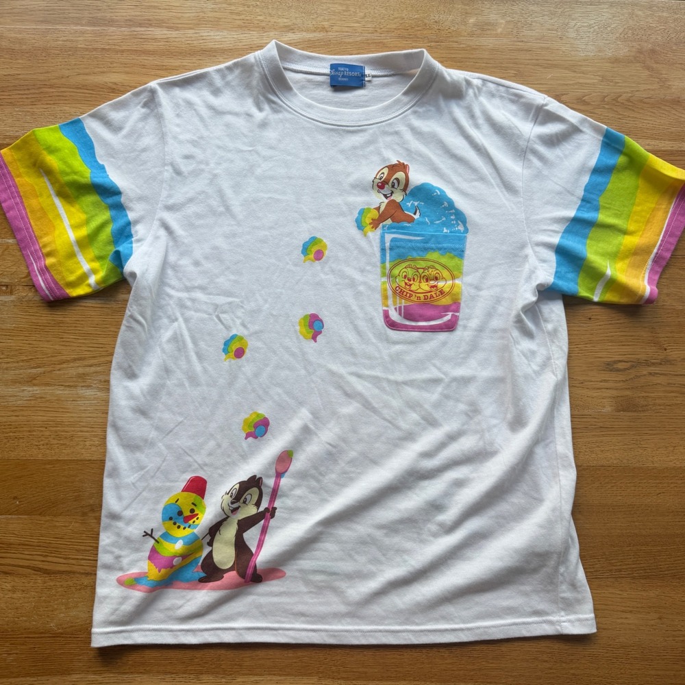 Tokyo Disney Resort Chip n Dale Shaved Ice Rainbow Stripe T-Shirt White LL